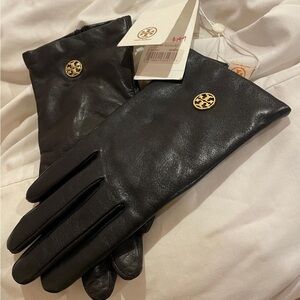 Tory Burch Black Leather Gloves with Gold Logo
